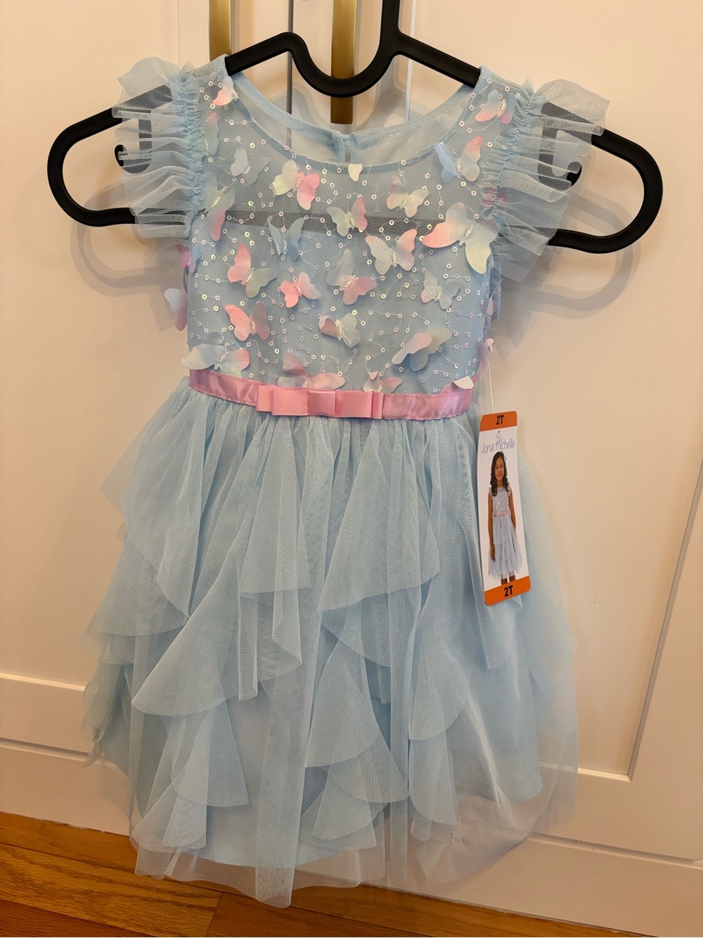 Jona Michelle Light Blue Tulle Dress with Pink Ribbon and Butterfly Accents